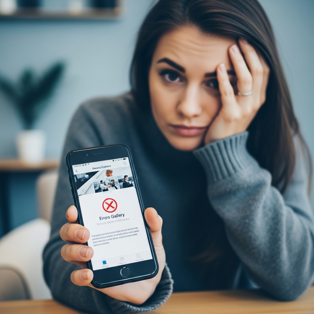 사진 앱 오류로 먹통이 된 스마트폰을 들고 답답해하는 사람의 모습, 문제 해결을 원하는 사용자의 심정을 표현함.