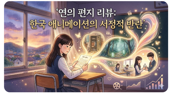 애니메이션 연의 편지 리뷰를 위한 블로그 썸네일입니다. 따뜻한 노을이 비치는 교실 창가에 앉아 편지를 읽는 여학생의 모습이 서정적으로 묘사되어 있습니다. 편지에서 피어오른 빛의 줄기가 신비로운 숲과 교실 속 인물들의 추억 장면을 하트 모양으로 감싸 안으며, 한국 애니메이션 특유의 감성과 서사를 시각적으로 아름답게 표현하고 있습니다. 우측 하단에는 상승 그래프와 영화 아이콘이 배치되어 작품의 성과를 암시합니다.