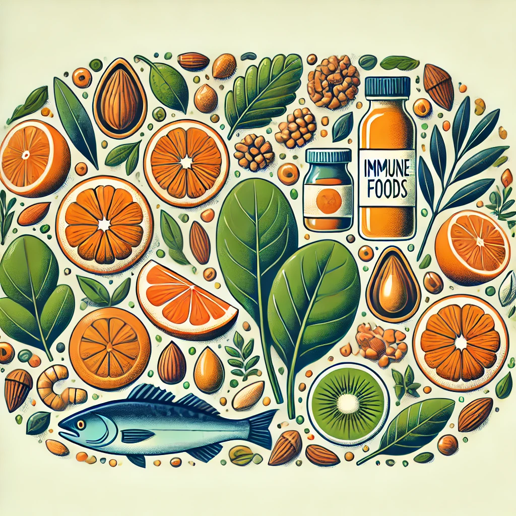 면역력을 높이는 음식을 묘사한 컬러풀한 일러스트