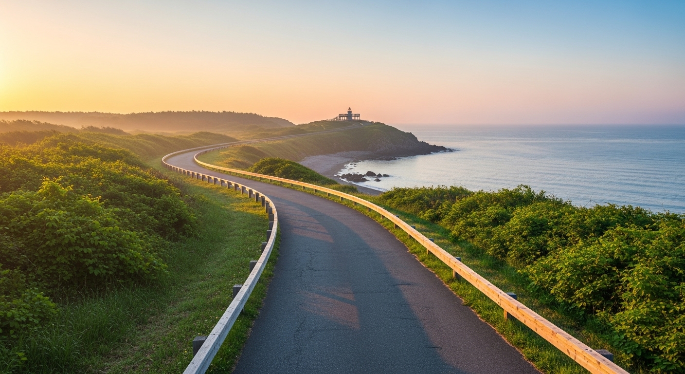 남해 땅끝마을 전망대로 향하는 아름다운 해안 도로, 새해 아침의 평화로운 풍경.