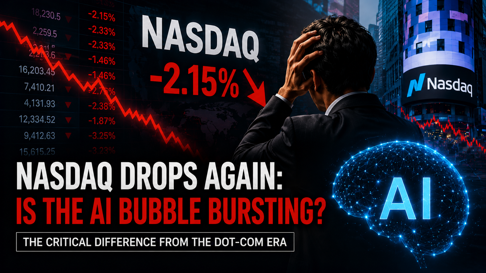 Investor watching a falling Nasdaq chart amid AI bubble concerns and increased market volatility.