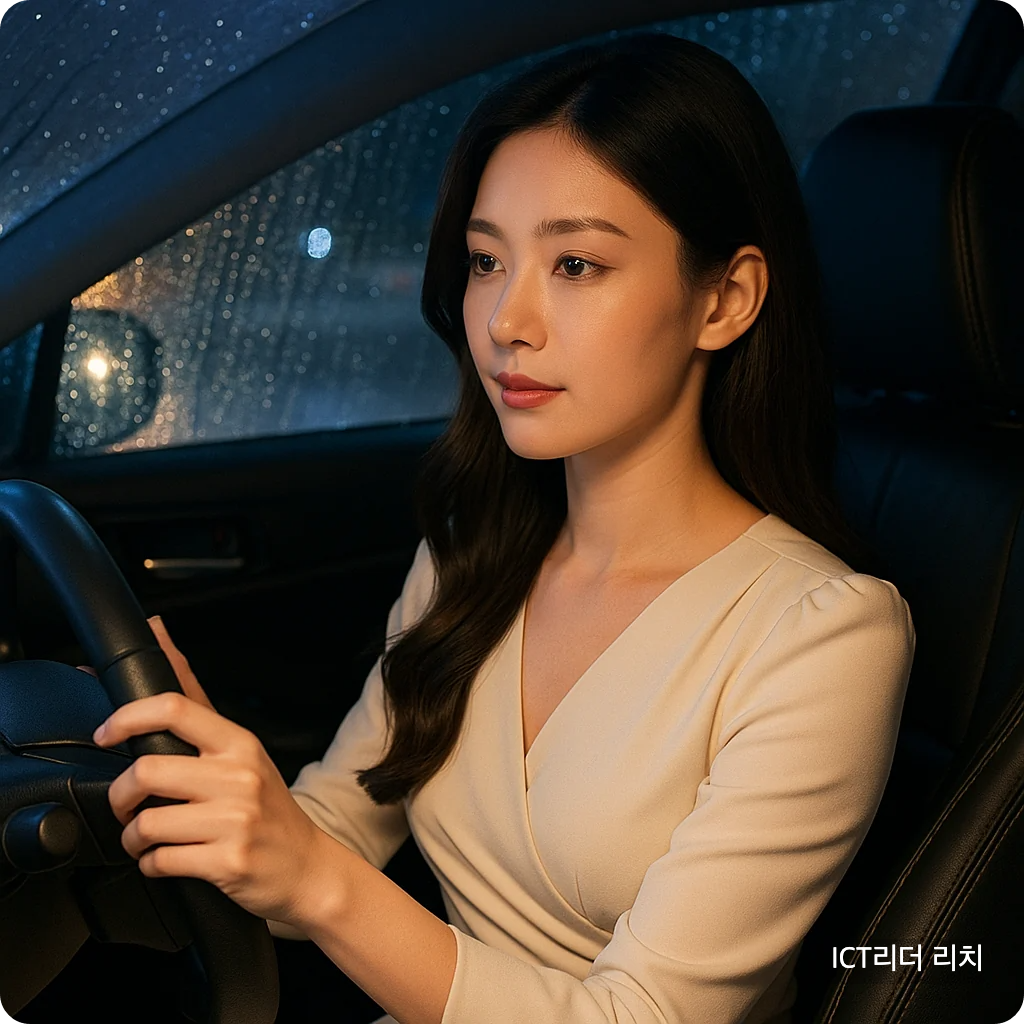 “20대 여성 운전자가 우아한 분위기의 의상으로 야간 빗길 고속도로를 안전하게 주행하는 모습을 담은 대표 썸네일 이미지. 부드러운 조명과 세련된 느낌이 조화를 이룸.”