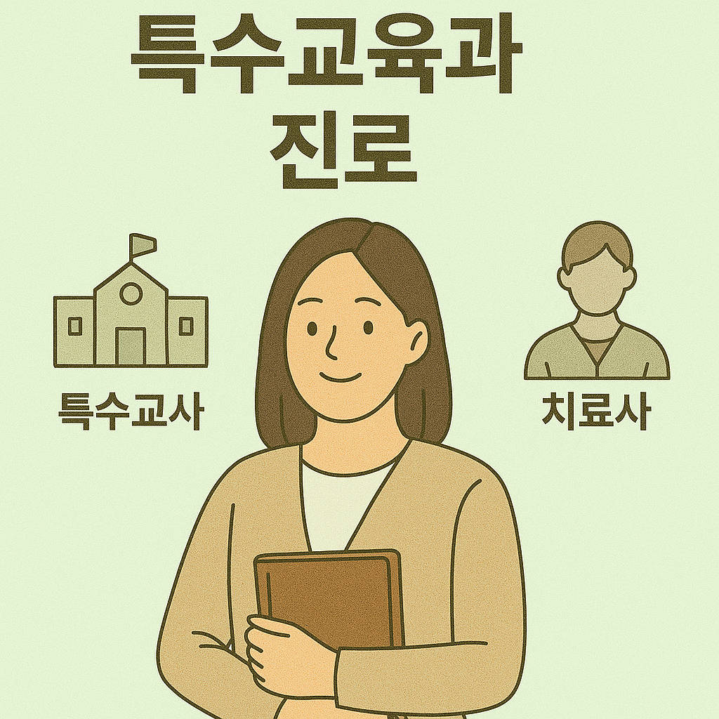 특수교육과 진로 포스터로, 아주 연한 연두 배경에 특수교사, 치료사, 교육공무원 직무를 중심으로 구성된 여성 중심 일러스트