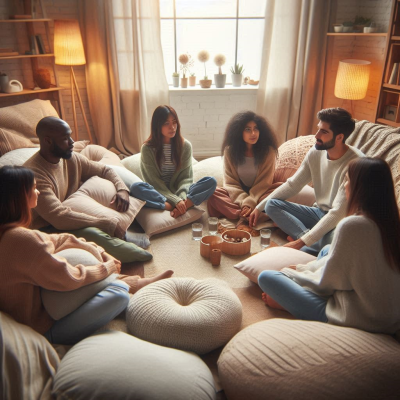 여러 사람이 모여 꿈에 대해 이야기하는 장면입니다. 편안한 분위기에서 서로의 이야기를 나누고 있습니다.