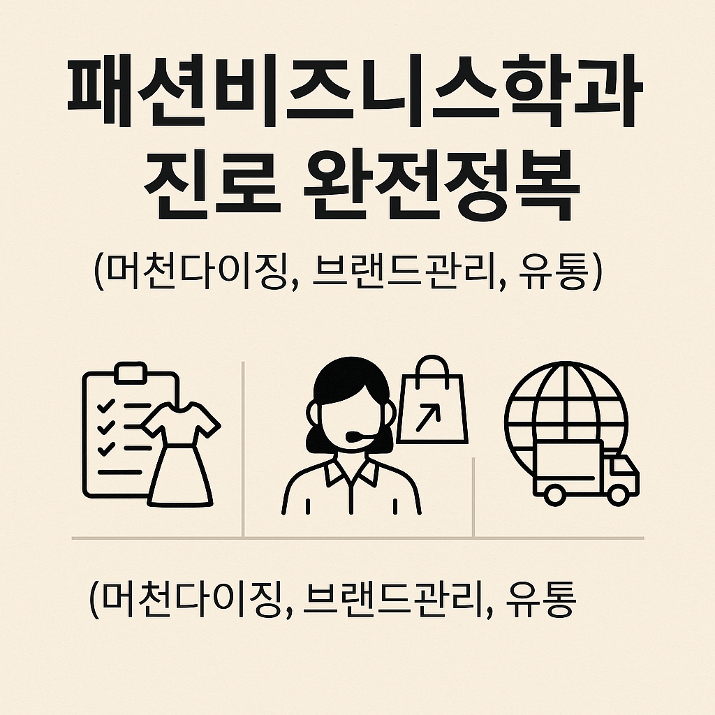 패션비즈니스학과 진로 완전정복을 주제로 한 2D 그래픽 이미지로, 머천다이징, 브랜드관리, 유통을 상징하는 아이콘이 베이지색 배경 위에 배열되어 있음