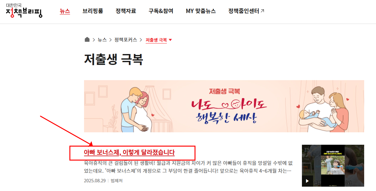 정책브리핑 사이트내의 아빠 보너스제에 관한 홍보이미지