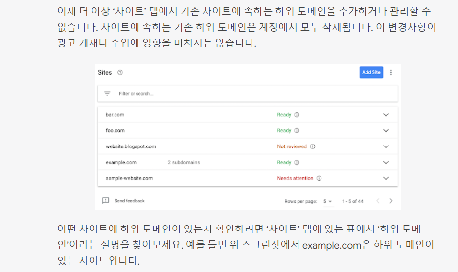 2023.구글.애드센스.사이트관리기능변경.하위도메인삭제.이제떠나야하나