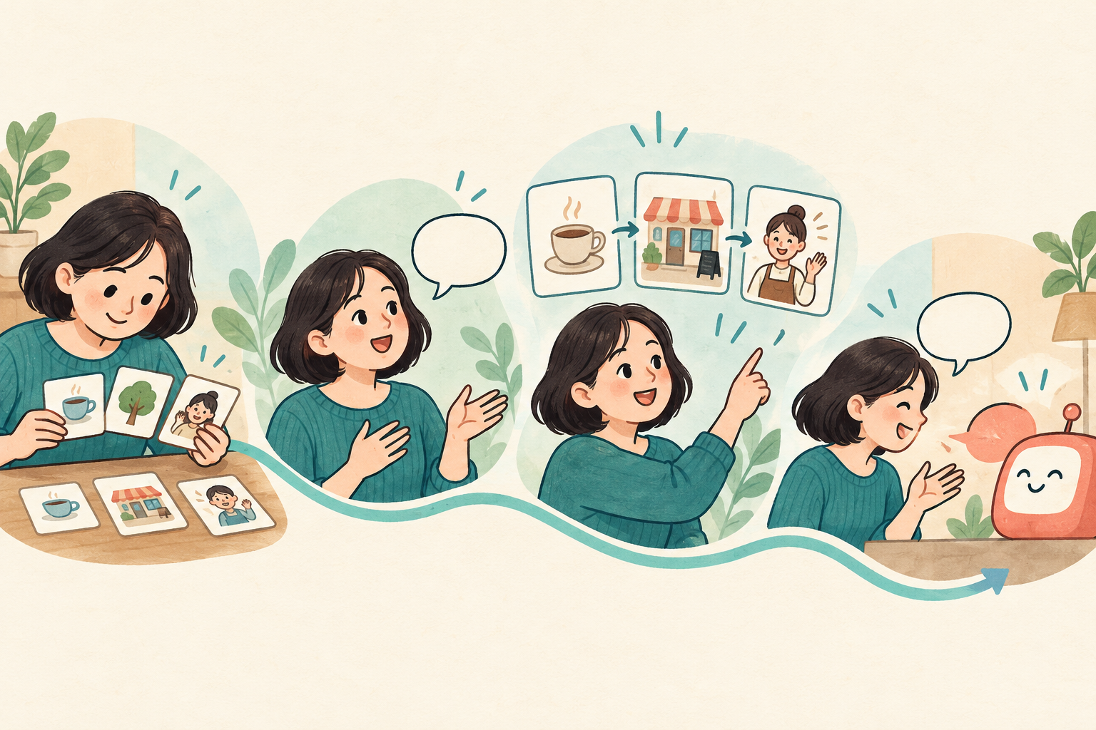 문장 익히기, 기억해서 말하기, 이야기 연결, AI 대화의 네 단계를 표현한 일러스트