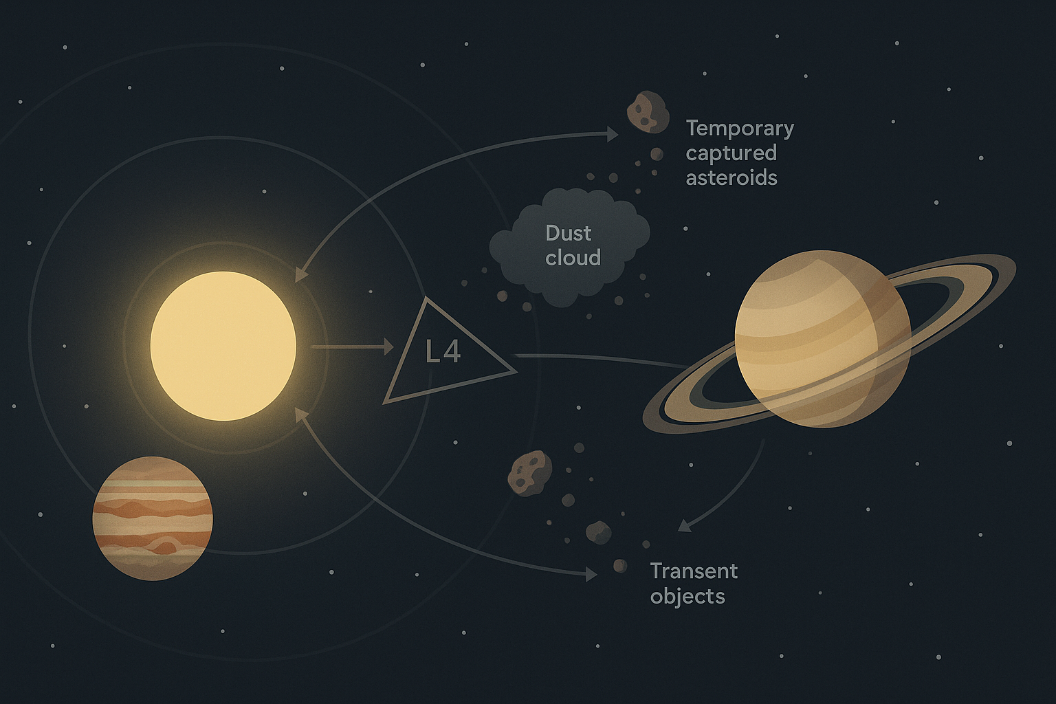 목성과 토성 사이의 라그랑주 점 주변에서 기대할 수 있는 물질과 역학