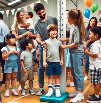가족들과 함께 키를 측정하고 있는 남자 아이의 모습 관련 사진