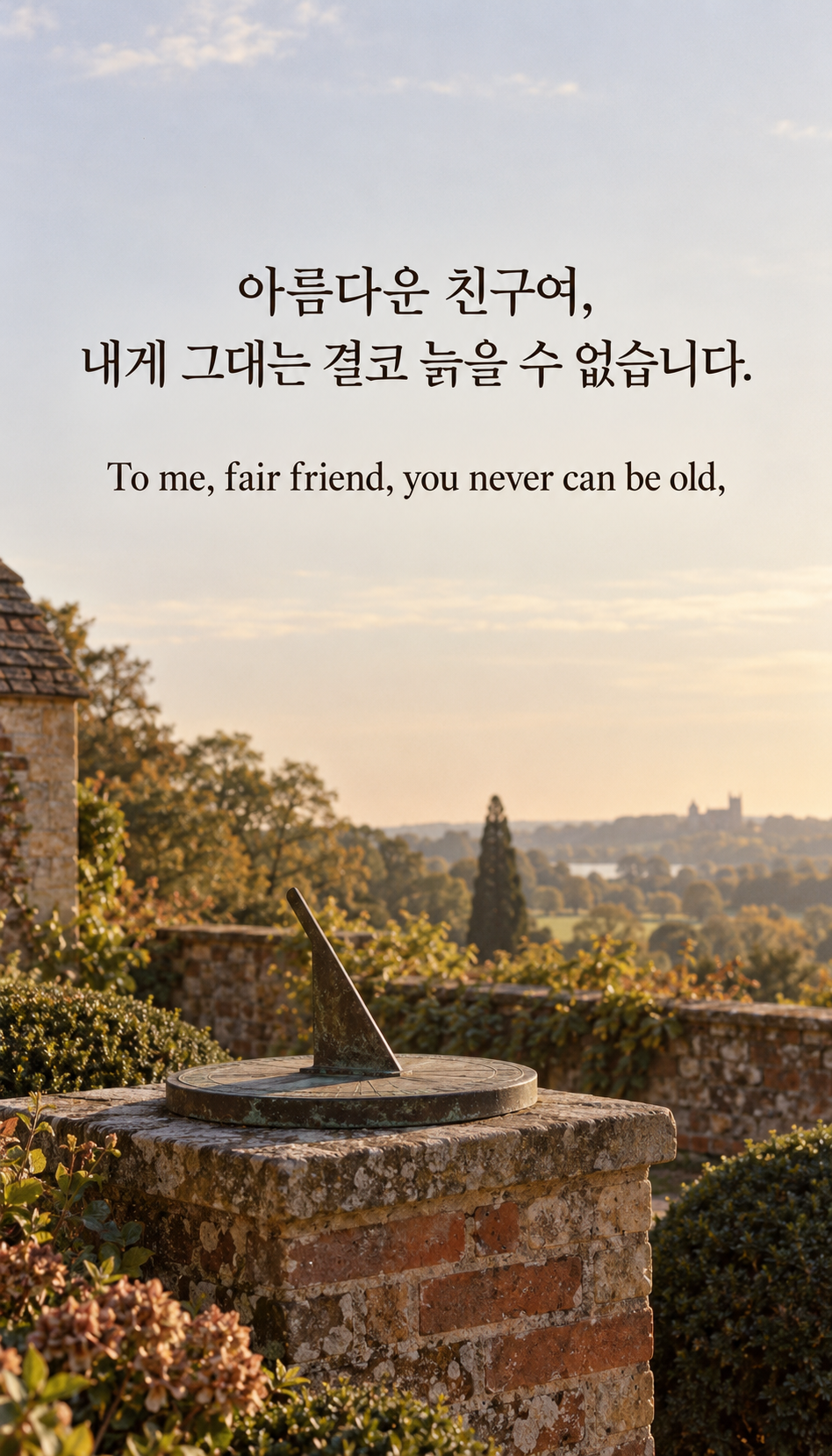 내 눈에는 늙지 않는 친구: 아름다운 친구여, 내게 그대는 결코 늙을 수 없습니다. 아날로그 필름, 벽돌 받침에 놓인 해시계.