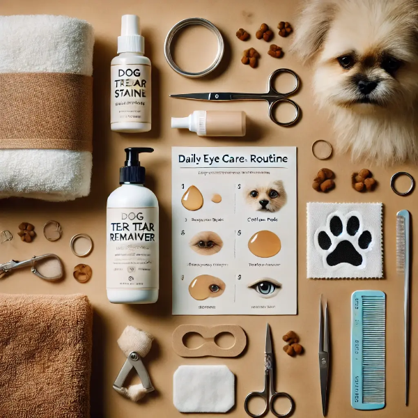 강아지 눈물자국 관리를 위한 전용 세정제, 화장솜, 미용 가위, 수건, 데일리 체크리스트가 정리된 상단 뷰