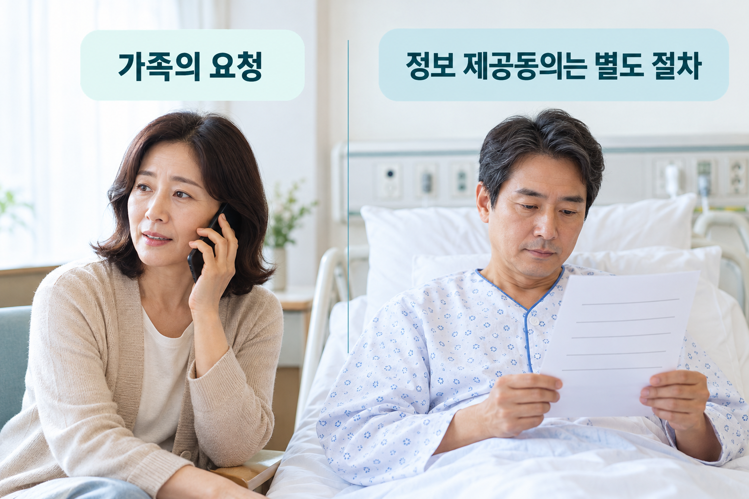 전화하는 가족과 별도로 동의 내용을 읽는 성인 환자