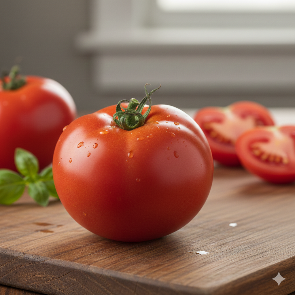 꼭지가 싱싱하게 붙어 있고 껍질에 윤기가 흐르는 빨갛게 잘 익은 완숙 토마토