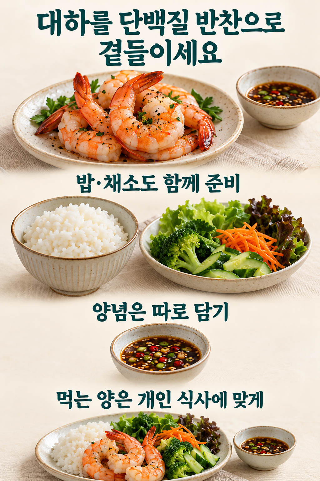 밥&middot;채소&middot;익힌 대하와 별도로 담은 양념이 있는 식사 구성 예