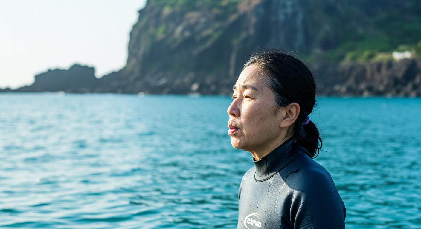 물질 전 숨비소리를 내며 깊은 숨을 쉬는 제주 해녀의 강인하고 평화로운 모습.
