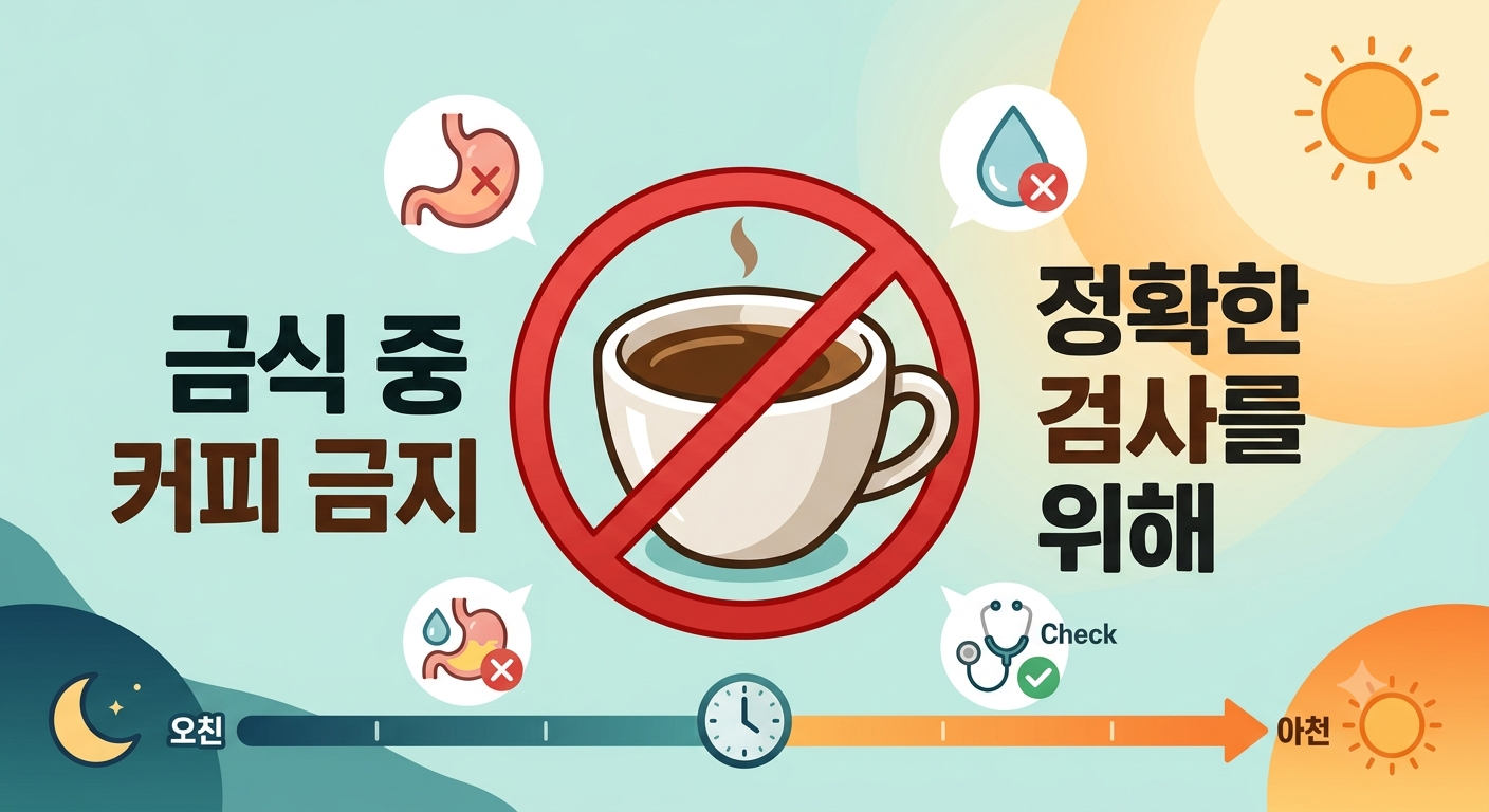 금식 중 커피 금지. 정확한 검사를 위해. 커피 잔 위에 빨간색 금지 표시가 있는 인포그래픽. 위장 아이콘 옆에 커피는 안 된다는 표시. 정확한 검사를 위해 커피는 피애야 함.