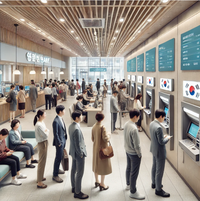 은행에서 다양한 고객들이 보험료를 납부하는 모습