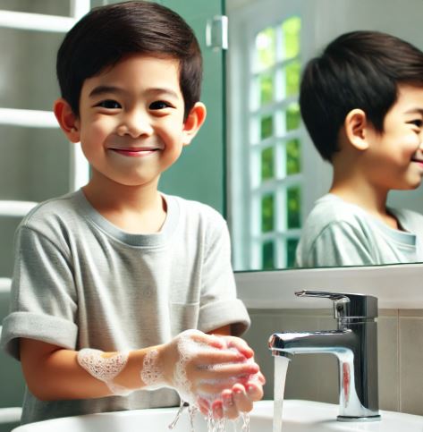 유아결막염 예방을 위해 손을 씻고 있는 남자아이 사진