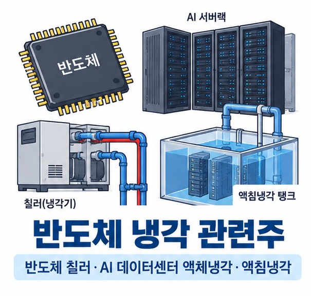 반도체 냉각 관련주와 반도체 칠러 AI 데이터센터 액침냉각 밸류체인을 보여주는 교육용 이미지