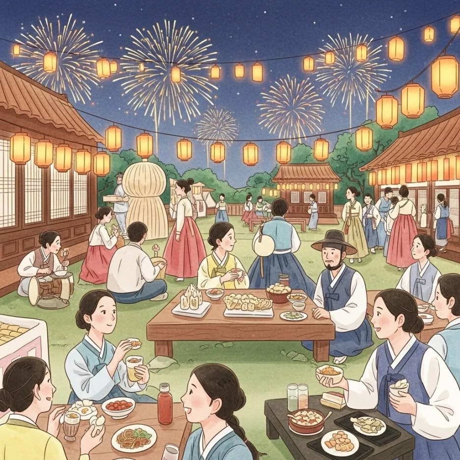 다양한 문화 축제와 어우러진 불꽃놀이 장면.