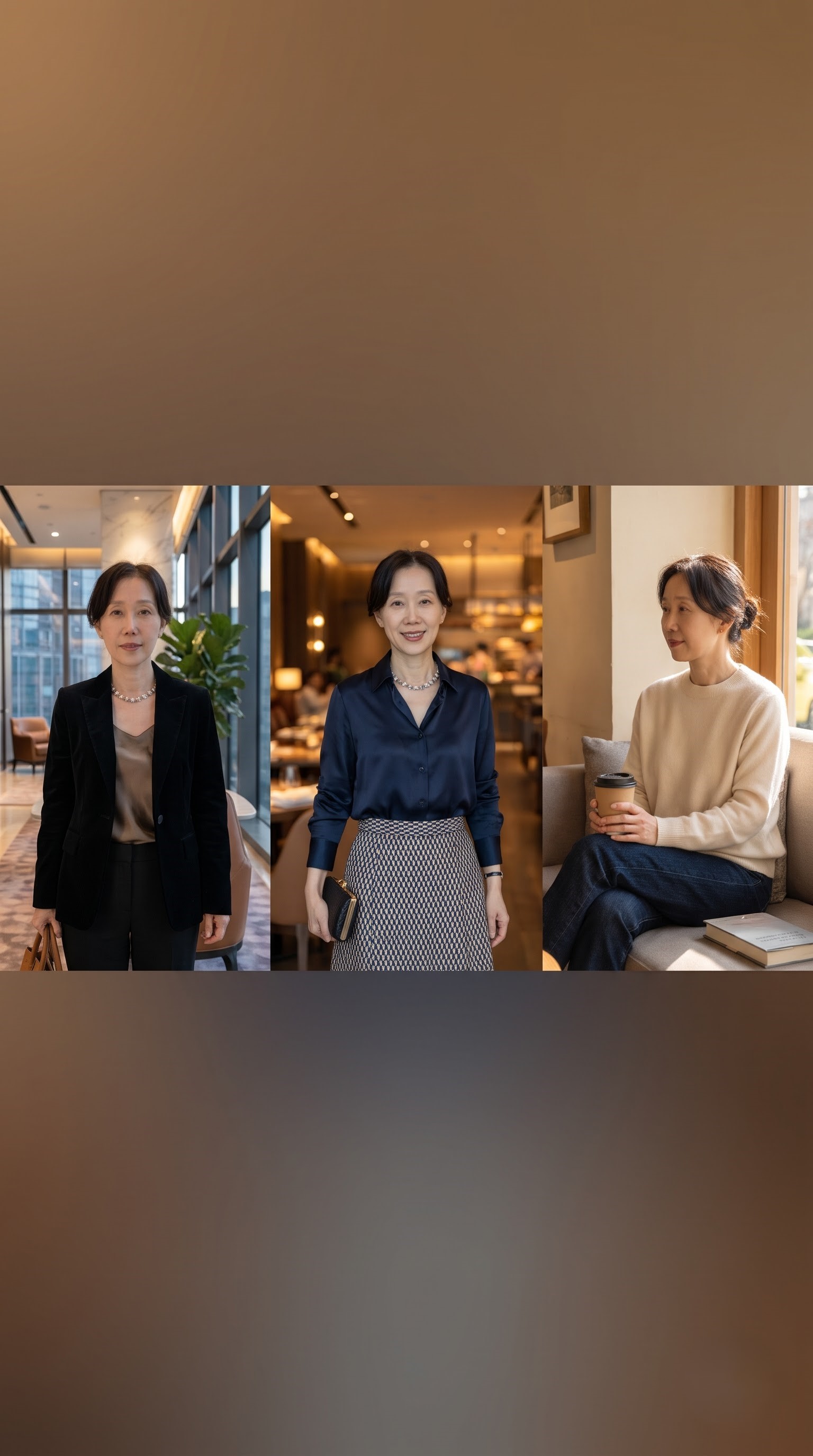 출근, 모임, 주말 상황별 코디를 나란히 보여주는 콜라주

내용: 출근, 모임, 주말까지 공식은 간단합니다. 상황별 코디 한 세트면 매일 고민이 사라집니다.