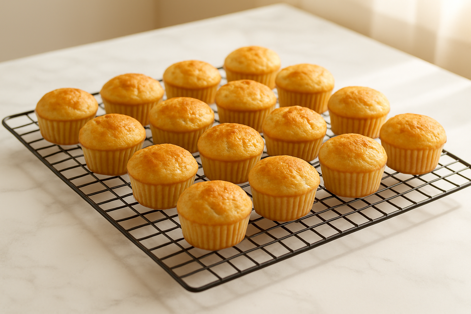 완성된 노릇노릇한 미니 머핀들이 식힘망 위에 놓여있는 사진