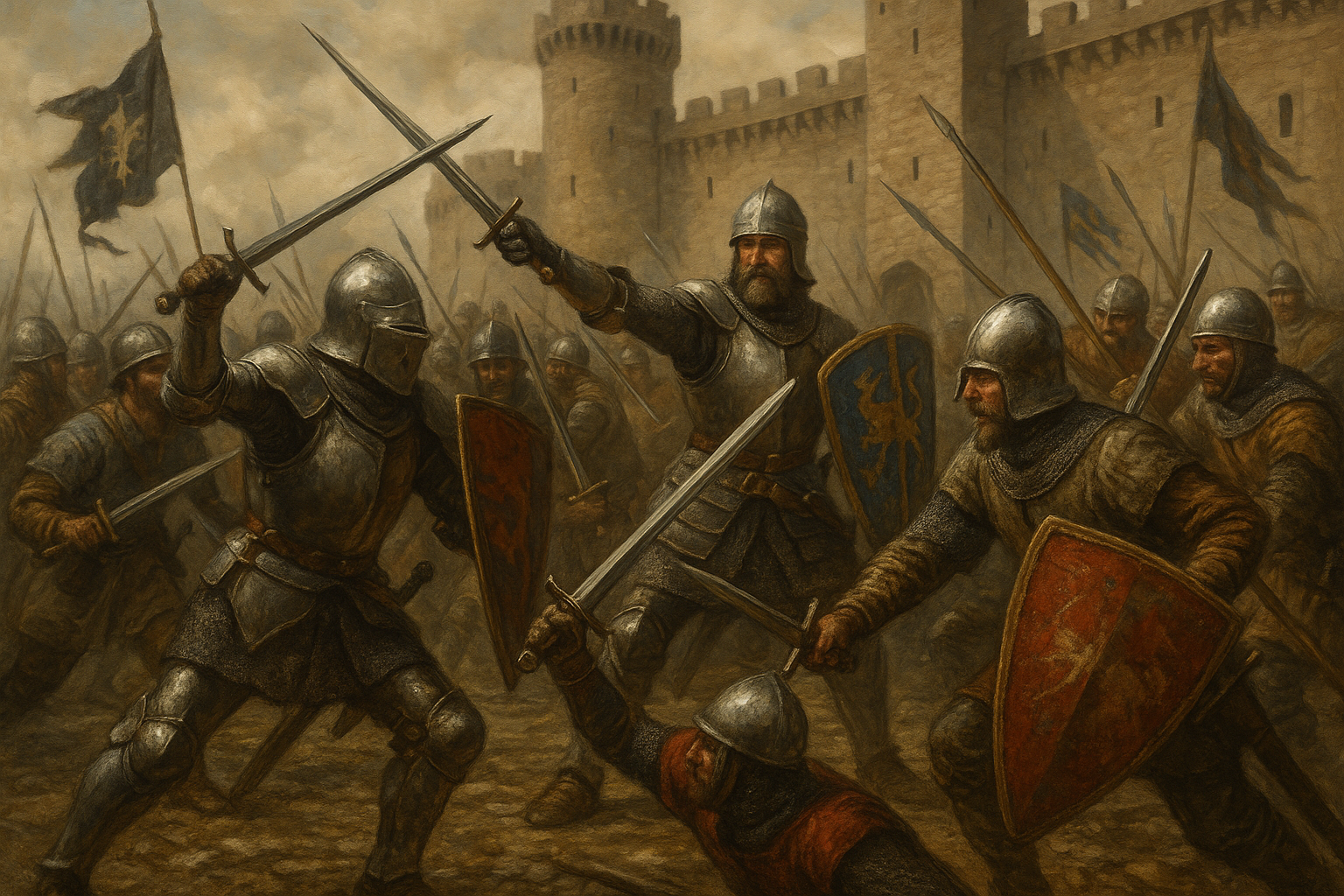 무사들이 검과 창을 들고 전투 장면