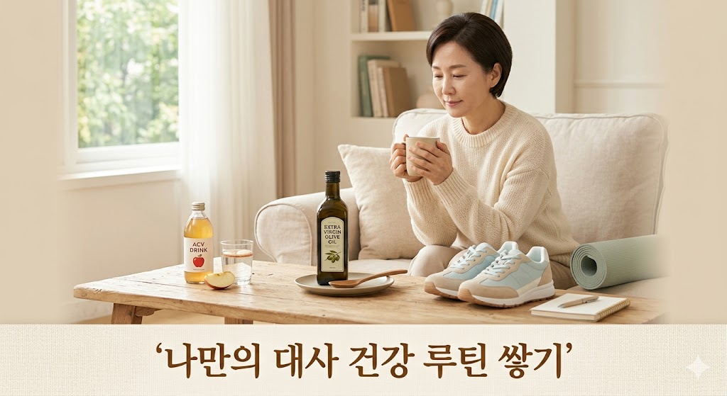갱년기 복부 비만 관리를 위한 나만의 대사 건강 루틴 — 애사비, 올리브오일, 가벼운 운동