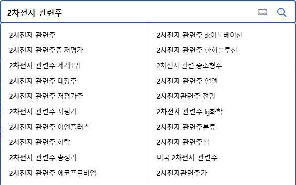 2차전지 관련주 연관 검색어들