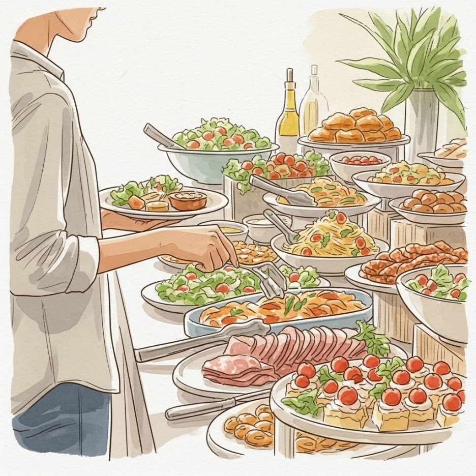 접시에 음식을 담는 사람의 손