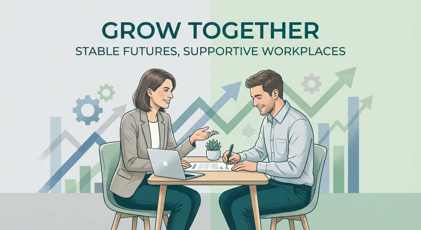 2026년 정규직 전환 지원금 혜택을 통해 고용 안정과 성장을 경험하는 소규모 기업 대표와 행복한 표정의 직원