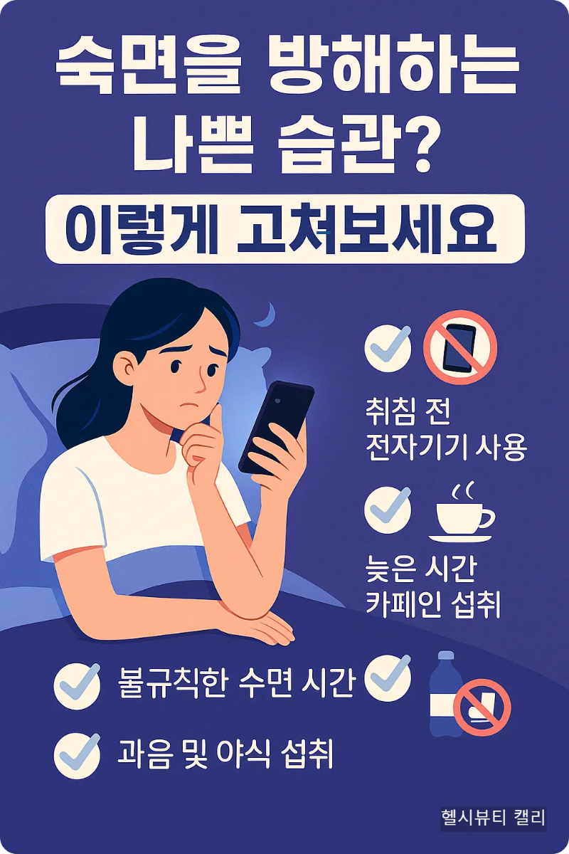 수면을 방해하는 4가지 습관을 소개하는 한국어 인포그래픽