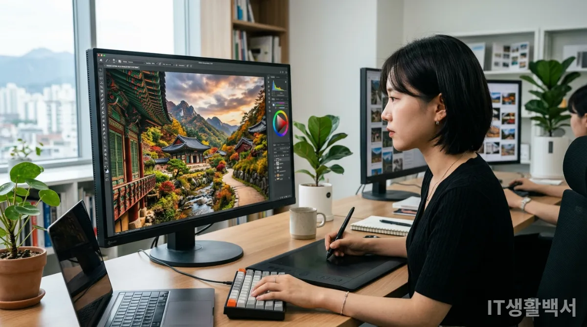 한국인 디자이너가 AI 생성 이미지를 섬세하게 보정하는 모습