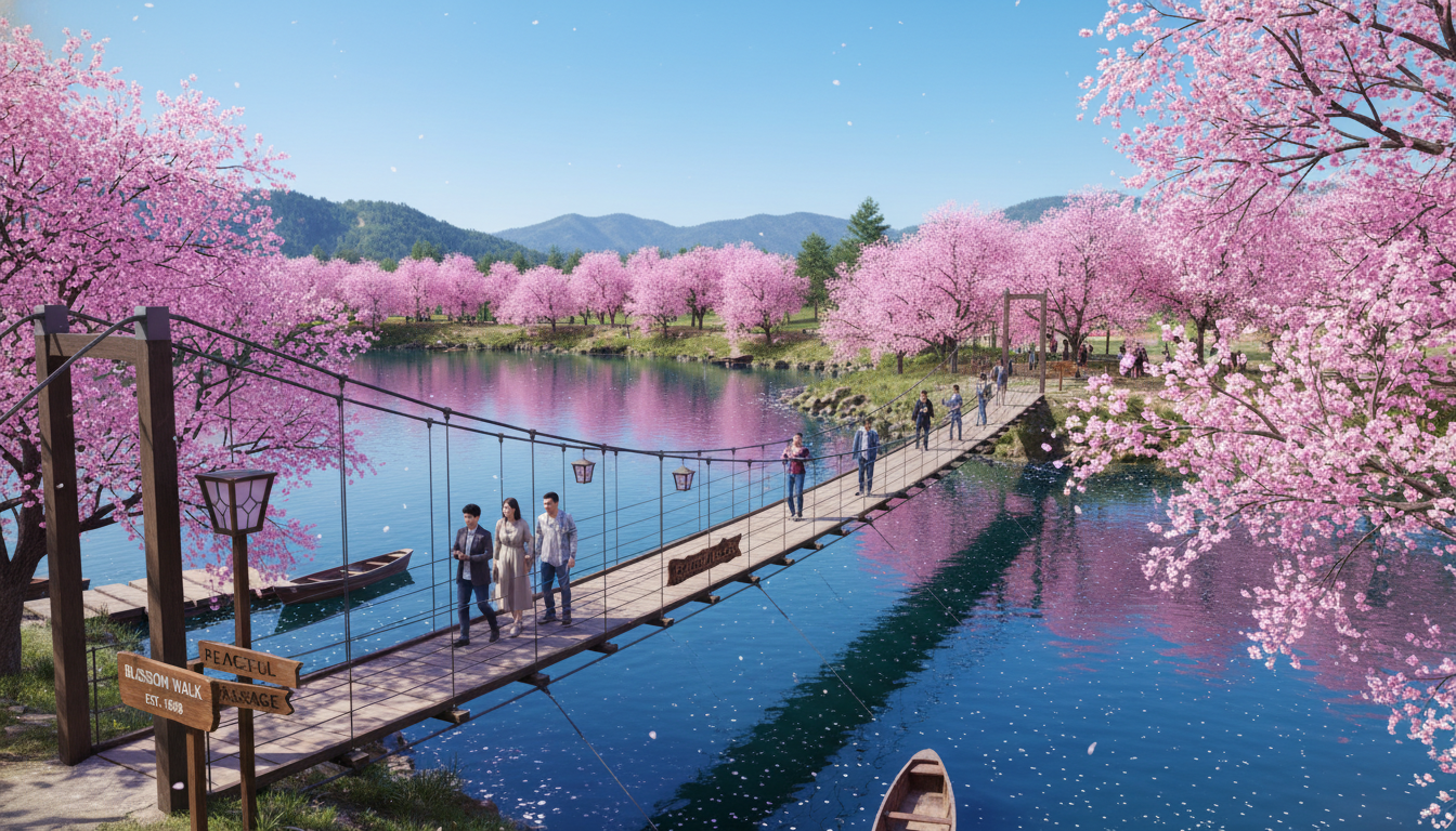 파주 마장호수 출렁다리와 푸른 호수가 어우러진 만개한 벚꽃 풍경