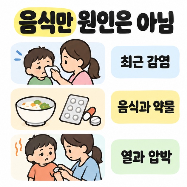 음식만 원인은 아님 제목 아래 콧물을 닦는 장면, 음식과 약물, 더위와 옷 소매를 확인하는 장면으로 최근 감염과 음식 및 약물, 열과 압박을 비교한 그림