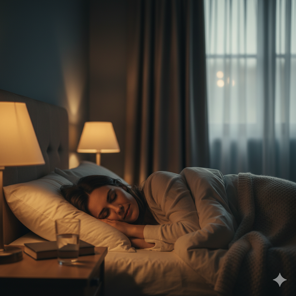 조명이 낮춰진 침실에서 평온하게 잠든 사람의 모습 (이미지 생성:google)