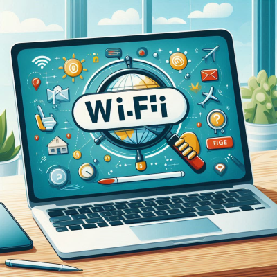 다양한 아이콘과 함께 Wi-Fi 텍스트가 표시된 노트북 화면
