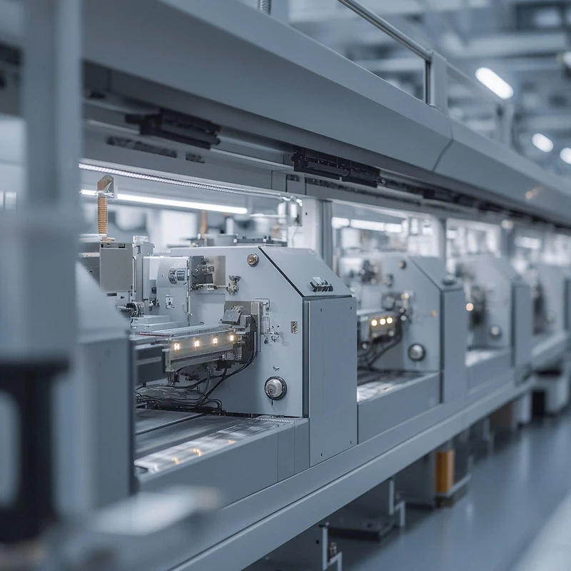 최신 반도체 제조 공정, 정밀성과 혁신을 보여주는 현대 산업 환경. 선명한 조명과 첨단 기계