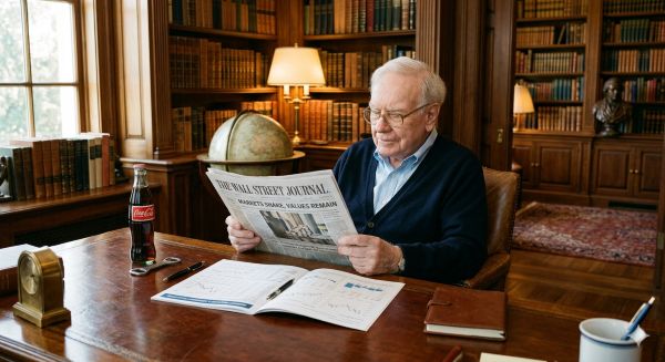 서재에서 신문을 읽고 있는 워렌 버핏