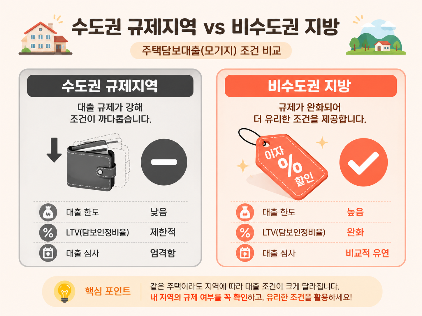 시중은행과 정책금융의 지역별 가산금리 및 우대 혜택 적용 조건을 요약한 카드뉴스