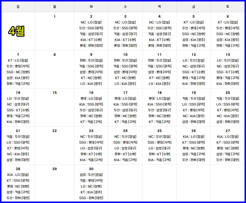 프로야구 일정 4월
