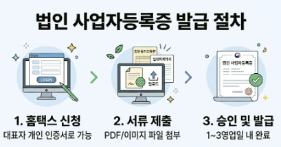 홈택스를 이용한 법인 사업자등록증 발급 절차를 설명하는 인포그래픽