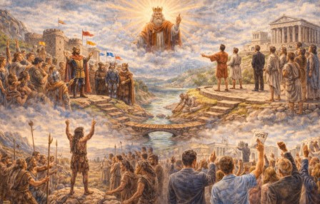 사람들이 혼란을 줄이고 중요한 결정을 맡기기 위해 한 사람을 중심으로 모여 의견을 모으는 모습입니다.