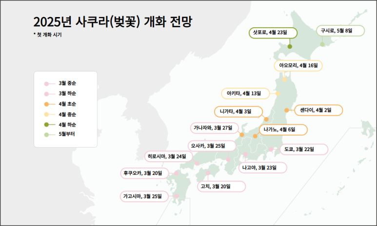 일본 지도 기반 2025년 벚꽃 개화 시기 전망.