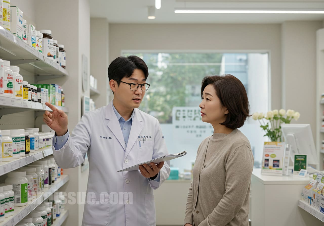 한국의 약사가 약국 카운터에서 손님에게 실손보험에서 보장되지 않는 비타민이나 보충제 관련 설명을 하고 있습니다. 보장 거절의 실제 상황을 묘사합니다.