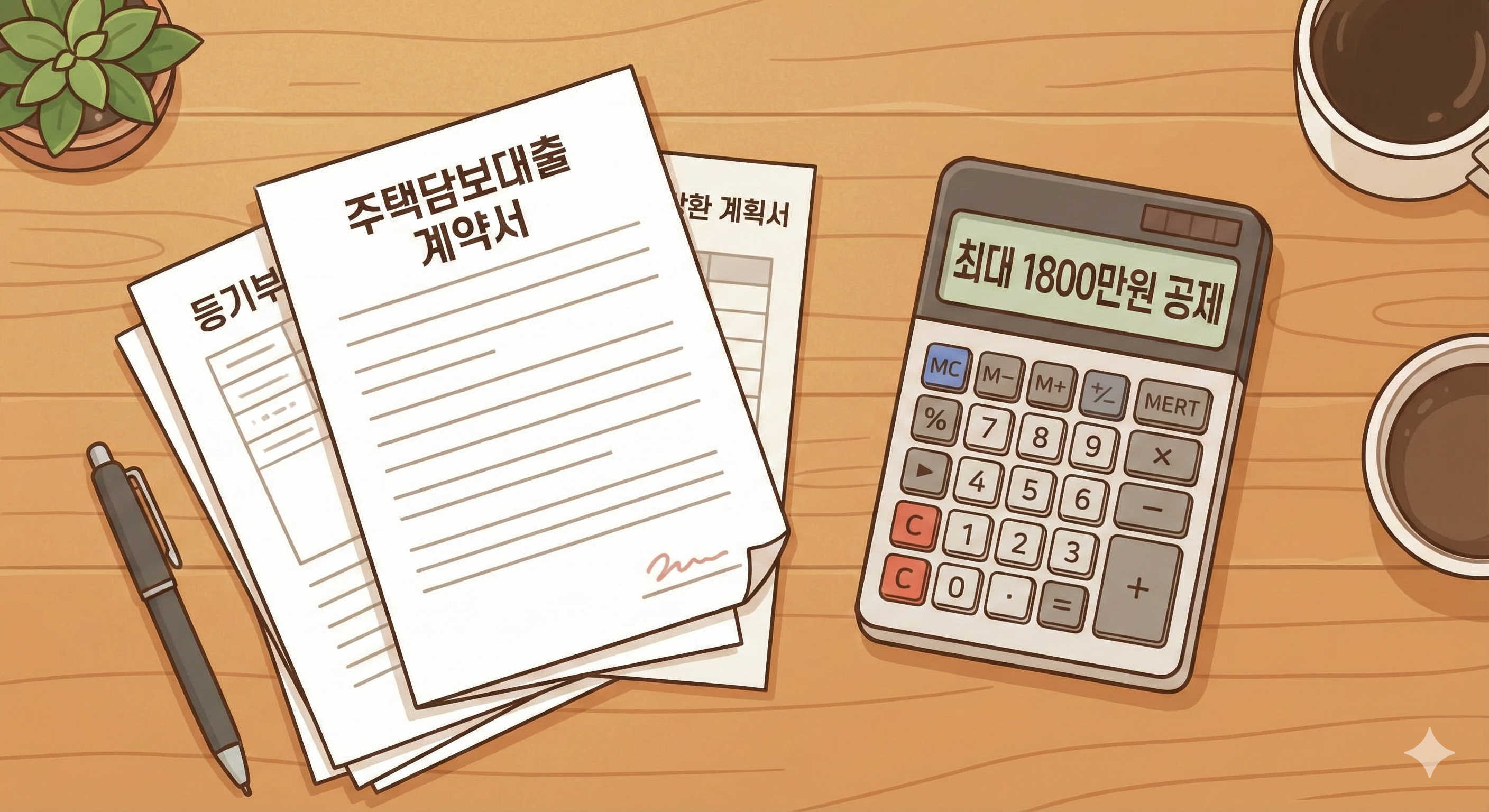 주택담보대출 관련 서류들이 책상 위에 정리되어 있고 계산기에 '최대 1800만원 공제'라는 문구가 찍혀 있는 일러스트.