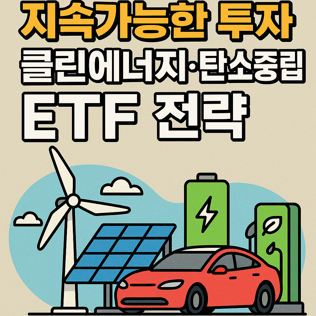 지속가능한 에너지와 탄소중립 투자를 주제로 한 썸네일 – 태양광 패널, 풍력발전기, 지구 아이콘이 포함된 플랫 스타일 일러스트