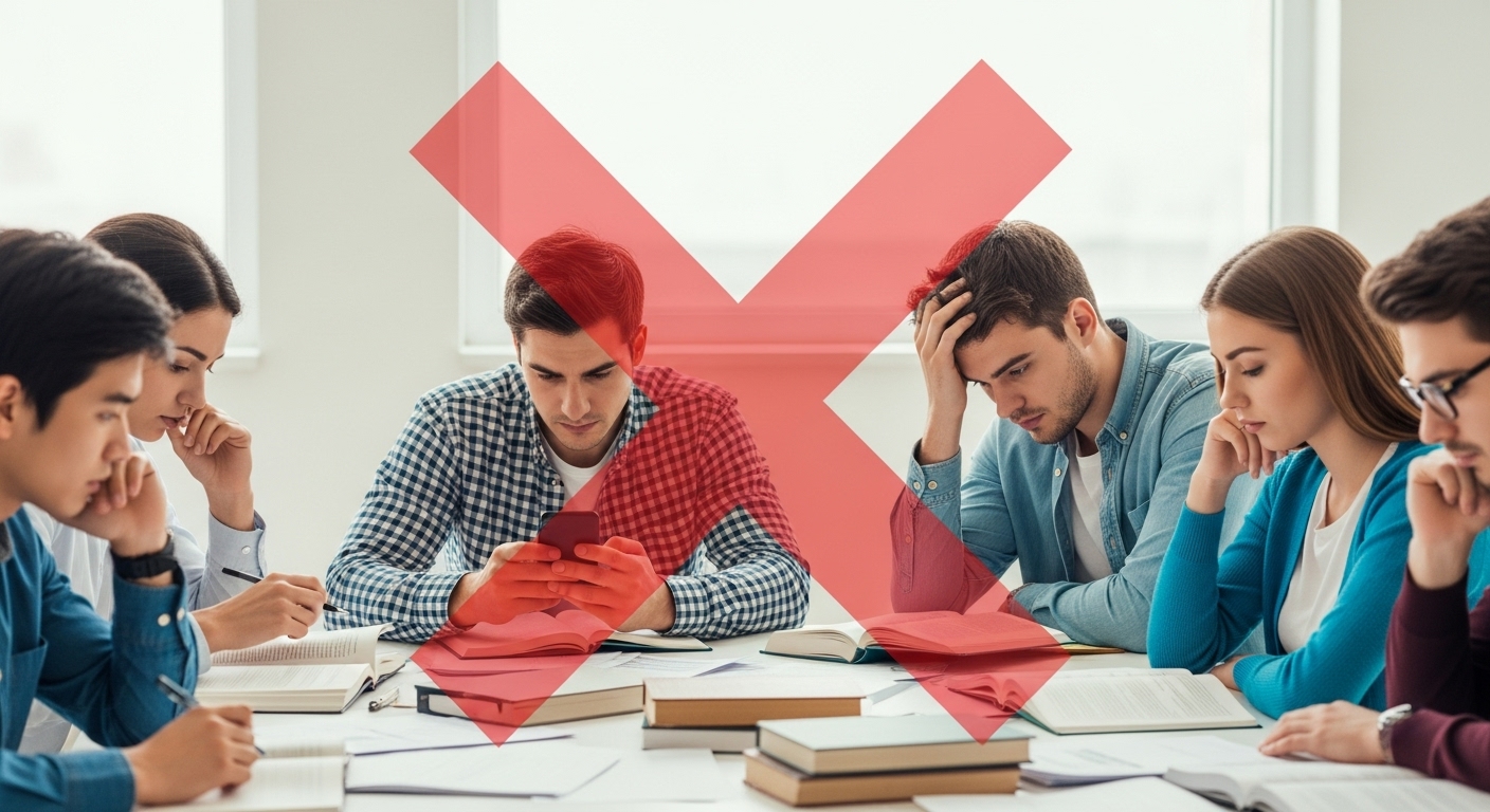 그룹 스터디 중 한 명이 집중하지 않고 스마트폰을 보며 딴짓을 하는 모습.