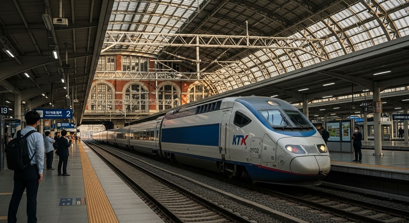고풍스러운 서울역 건물 앞 승강장에 정차한 KTX 열차